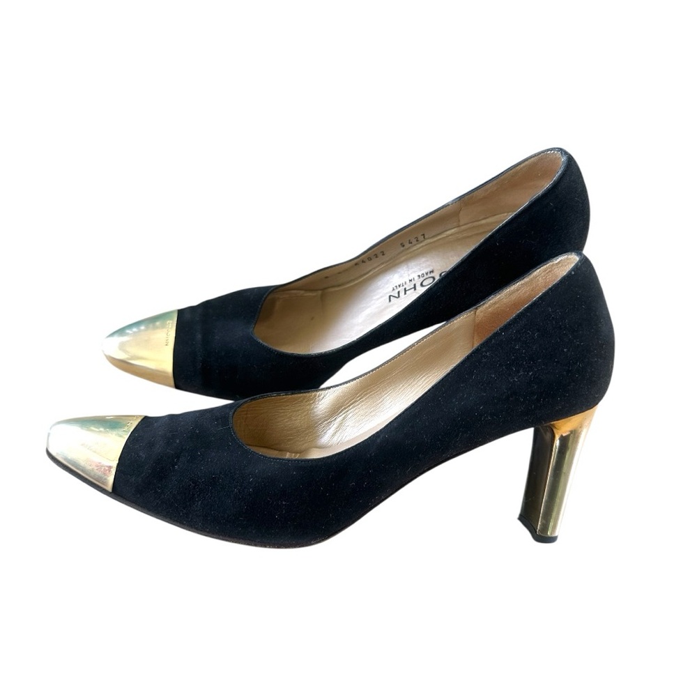 St. John Black Suede And Metallic Gold Pumps